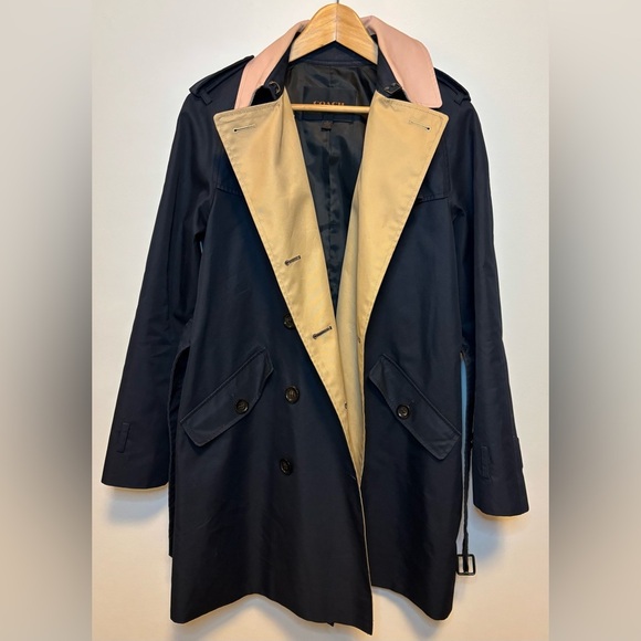 COACH New York Doubled Breasted Trench Coat | Navy Beige Pink | Size Medium - Picture 8 of 10